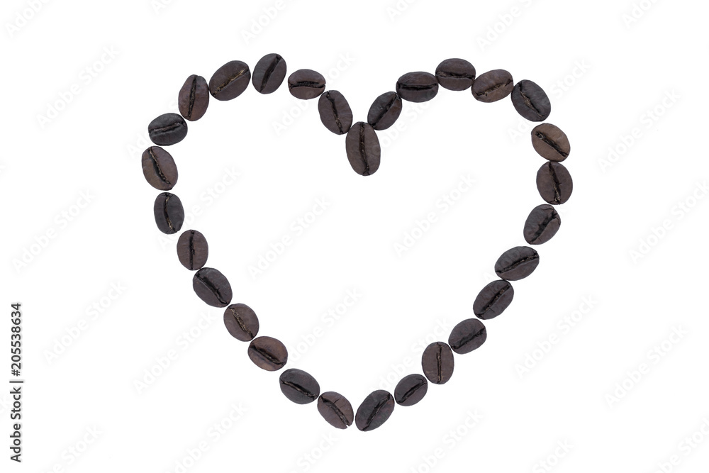 Heart shape made from coffee beans isolated on white background Heart shape made from coffee beans isolated on white background