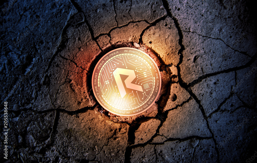 shiny golden REVAIN cryptocurrency coin on dry earth dessert background mining 3d rendering illustration