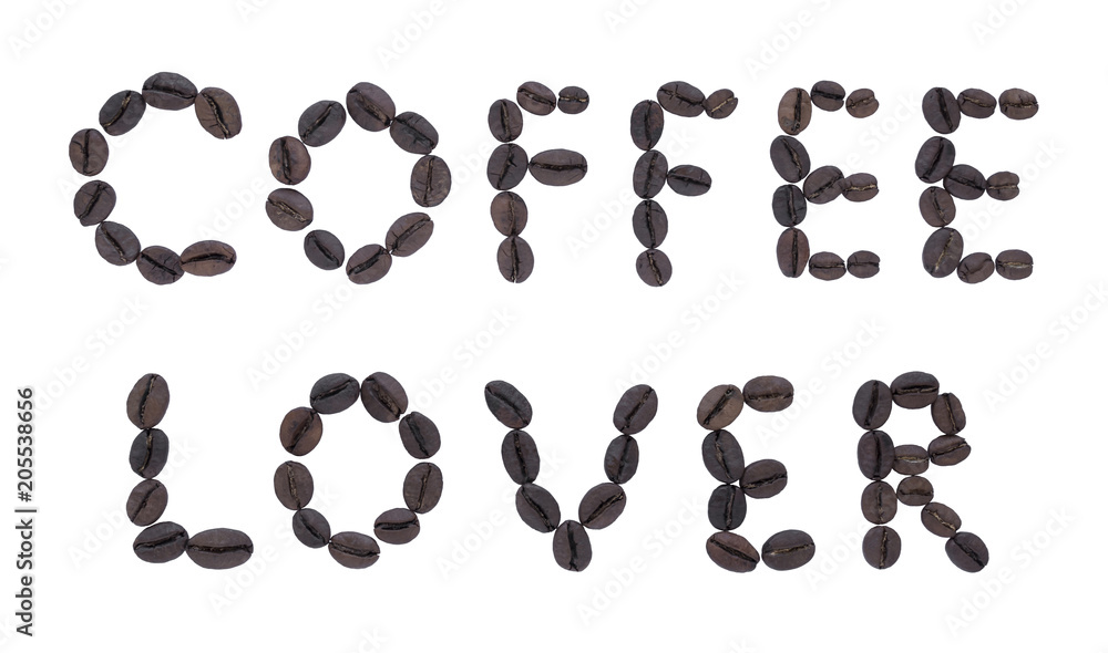 COFFEE LOVER. Text created from coffee beans isolated on a white background. Letters made of fried coffee COFFEE LOVER. Text created from coffee beans isolated on a white background. Letters made of fried coffee