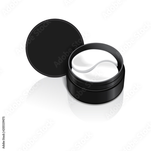Black container with hydrogel patches for the eyes. Vector illustration of realistic eye gel patches