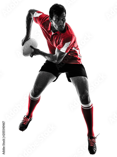 Fototapeta Naklejka Na Ścianę i Meble -  one caucasian rugby man player silhouette isolated on white background