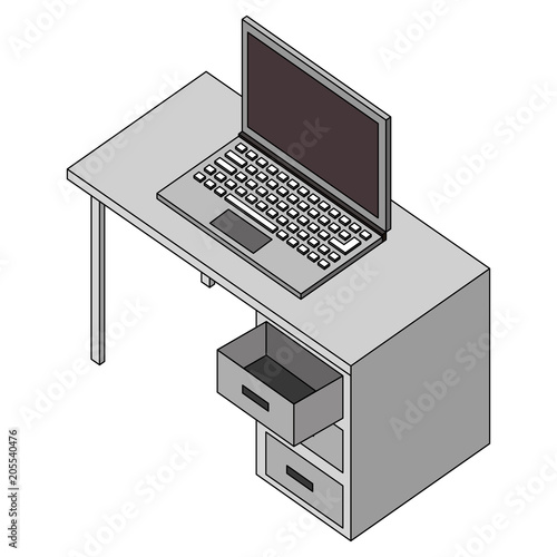 office desk with laptop computer isometric icon vector illustration design