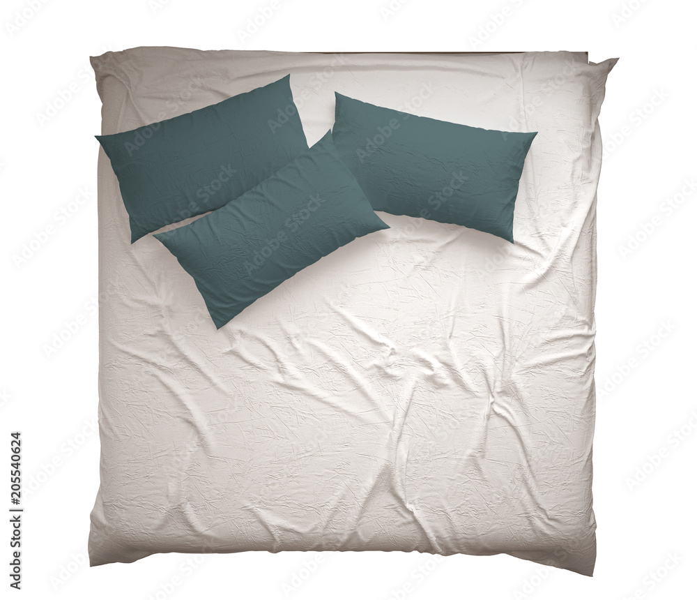 Scandinavian classic modern double bed with pillows, top view, isolated on white background, white and blue interior design Scandinavian classic modern double bed with pillows, top view, isolated on white background, white and blue interior design