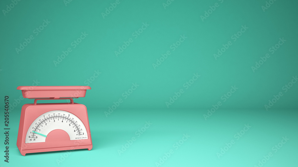 Kitchen pink empty weigh scales, on turquoise background copy space, measuring diet food concept idea