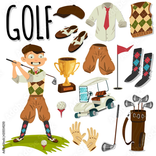 Golfer and golf accessories. Vector cartoon object set isolated on a white background.