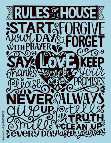 Hand lettering with inscription RULES of the house on blue background. 