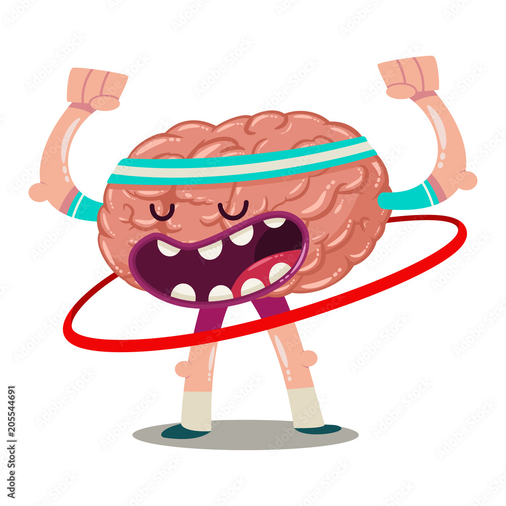Funny cartoon brain trains with hula hoop. Vector character of an internal  organ isolated on a white background. Brainstorm illustration. Stock Vector  | Adobe Stock