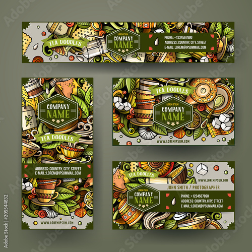 Corporate Identity vector templates set design with doodles hand drawn Tea time theme