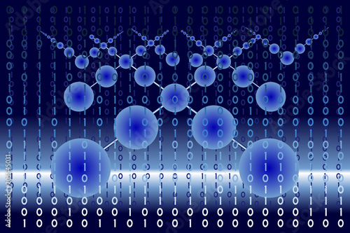 Blue gradient circles among digital binary data in cyberspace. Vector illustration, EPS 10. Background, backdrop, image montage, visual content for modern, science, technology, virus computer concepts
