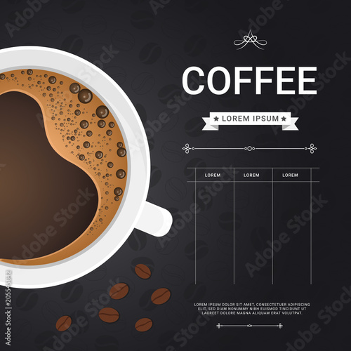 Coffee menu. Coffee cup with sample text layout and coffee bean seamless pattern on dark background. For cafe menu and printing design. Vector illustration.