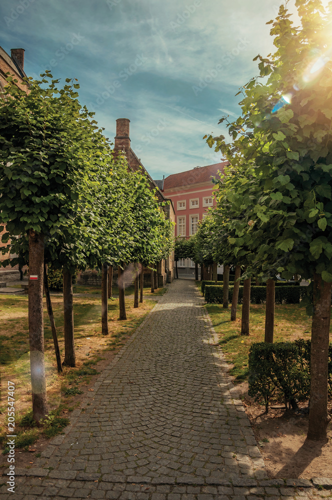 Path with trees and sunshine going towards old buildings in Bruges. With many canals and old buildings, this graceful town is a World Heritage Site of Unesco. Northwestern Belgium. Retouched photo.