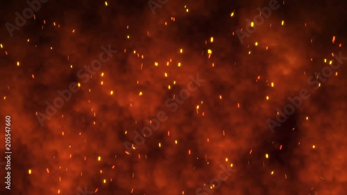 Fire flames with sparks flying glowing bonfire embers on red hellfire clouds of smoke. Available in FullHD video render footage motion graphic