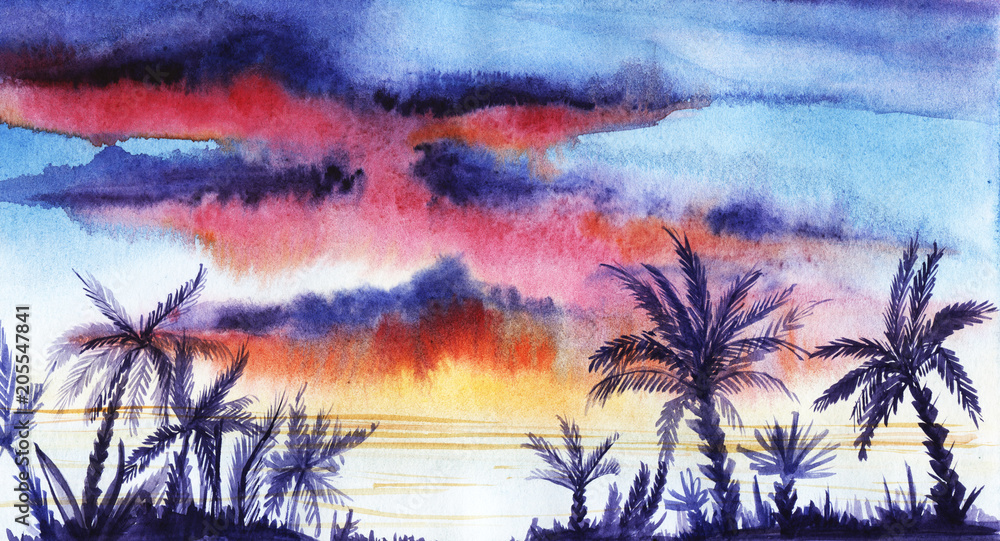 Obraz Tropikalny krajobraz z fioletowe sylwetki palm i zachód słońca. Ręcznie rysowane akwarela ilustracja na papierze