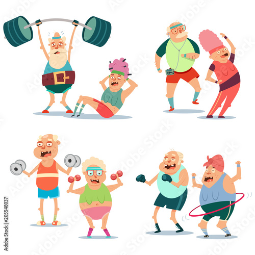 Fitness elderly couple man and woman doing exercise. Workout grandmothers and grandfathers vector cartoon cute character set isolated on a white background. Healthy lifestyle senior people.