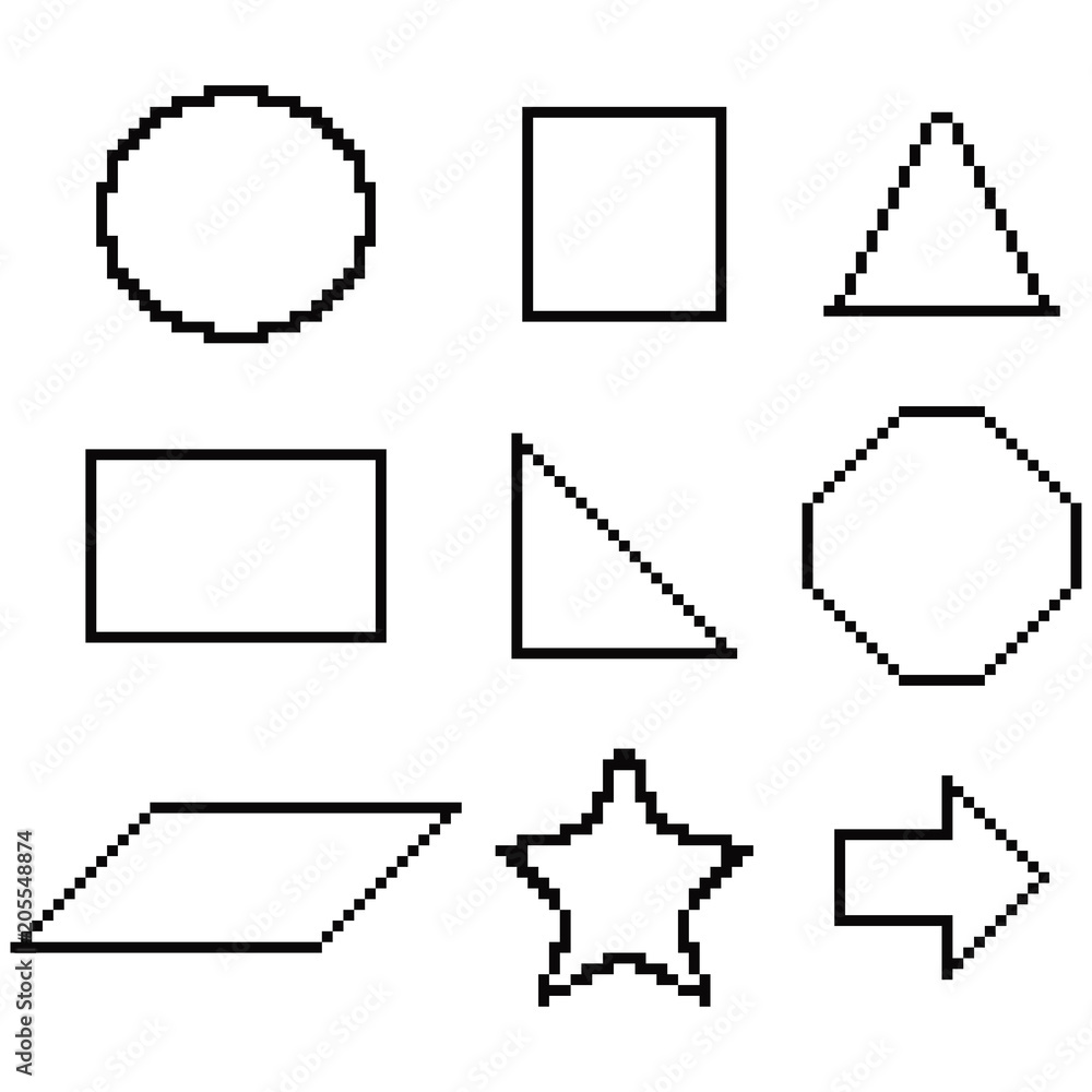 Pixel geometric shapes circle, square, triangle, rectangle, star