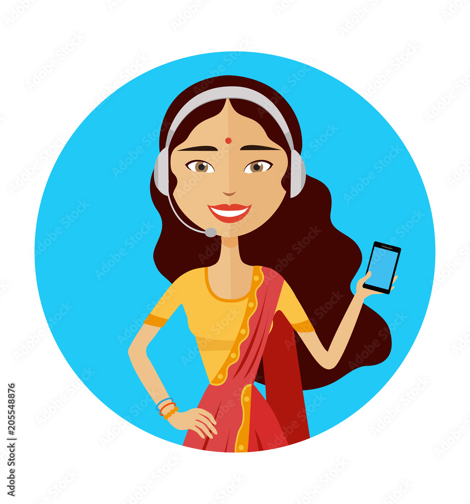 Image of smiling support phone indian female operator vector illustration isolated 