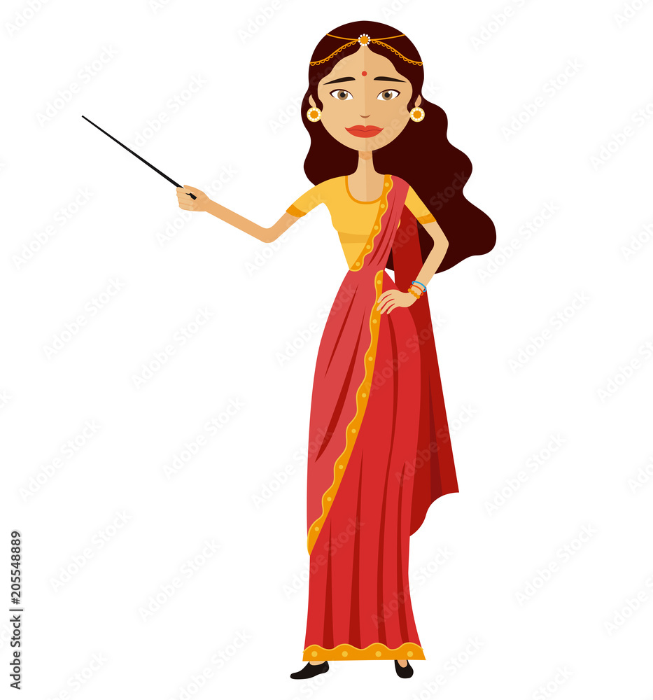 Indian woman presents something with a pointer tutor character vector flat cartoon illustration Indian woman presents something with a pointer tutor character vector flat cartoon illustration