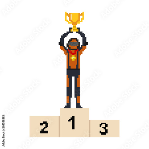 Pixel art car racer with gold trophy and medal on the podium. Vector 8 bit game people character isolated on white background.