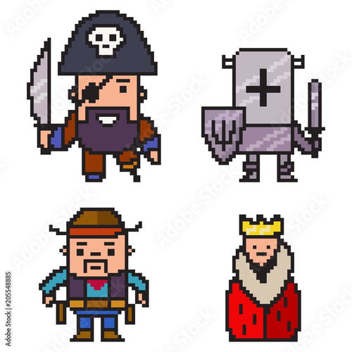Pixel art pirate, knight, cowboy and queen. Vector 8 bit game character set isolated on white background.