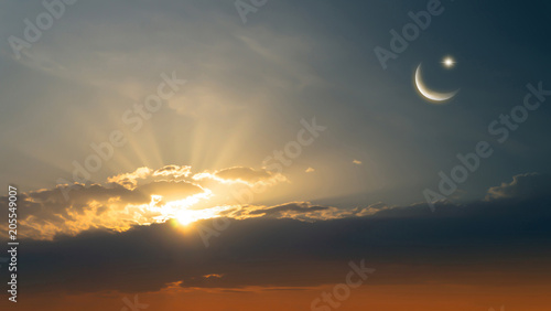 sunset sky with moon and star