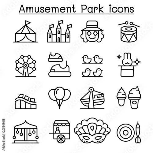 Amusement park & Festival icon set in thin line style