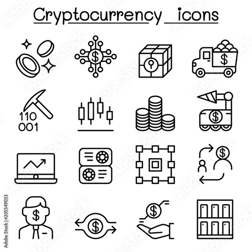 Cryptocurrency icons set in thin line style