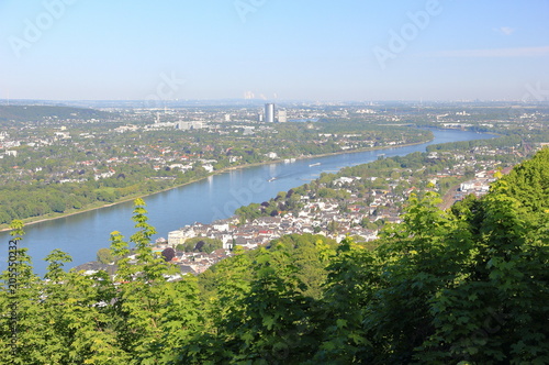 View downstream River Rhine overlooking Koenigswinter and Bonn. Germany.