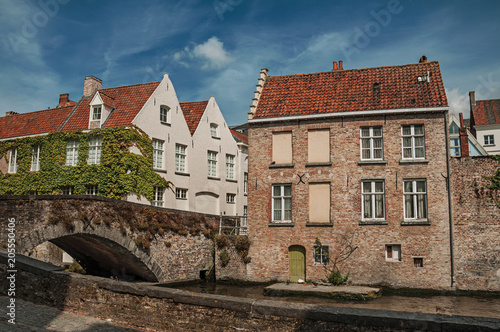 Bridge and brick buildings with creeper on the canal's edge in a sunny day at Bruges. With many canals and old buildings, this graceful town is a World Heritage Site of Unesco. Northwestern Belgium.