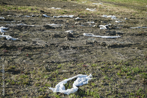 Environmental pollution, plastic waste on the field. photo