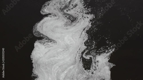 Plume of foam floating on rapid river. Constantly changing macro pattern, stochastic process, connecting statics (microlevel) and dynamics (macrolevel). View from top. Result of water pollution
 photo