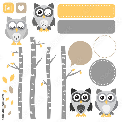 Vector Set with Cute Owls, Birch Trees, Grey and Yellow Theme Invitation Template