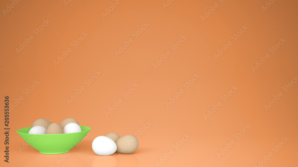 Chicken eggs into a green cup and on the table, orange background with copy space, breakfast easter food concept idea Chicken eggs into a green cup and on the table, orange background with copy space, breakfast easter food concept idea