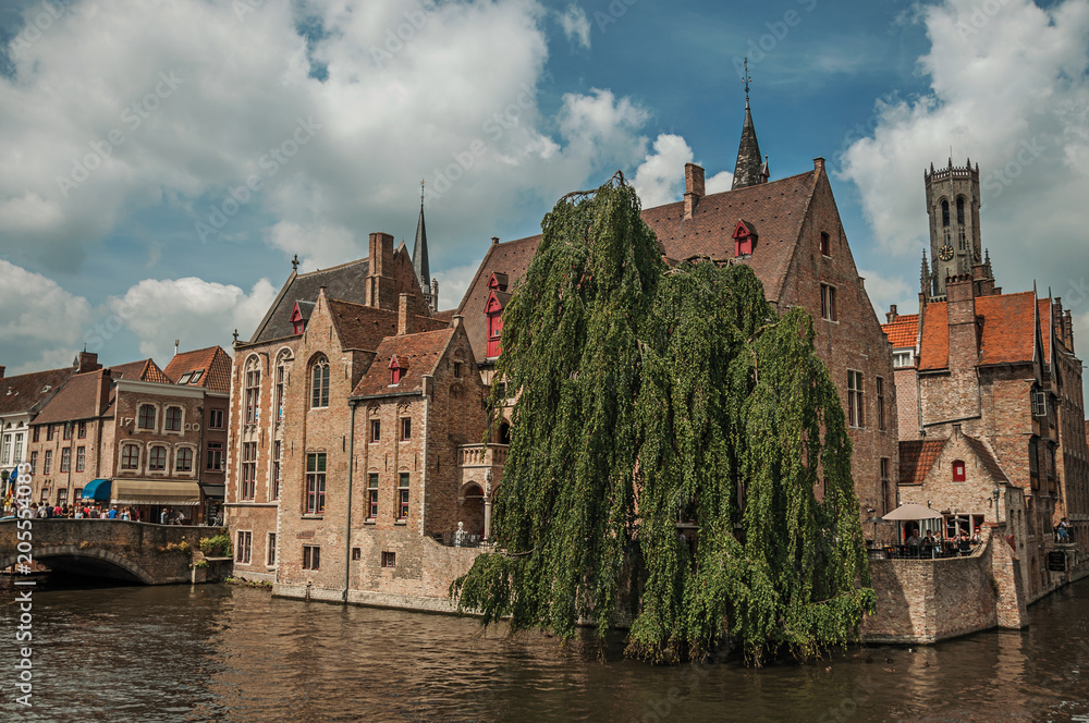 Bridge and leafy tree with brick buildings on the canal's edge in a sunny day at Bruges. With many canals and old buildings, this graceful town is a World Heritage Site of Unesco. Northwestern Belgium