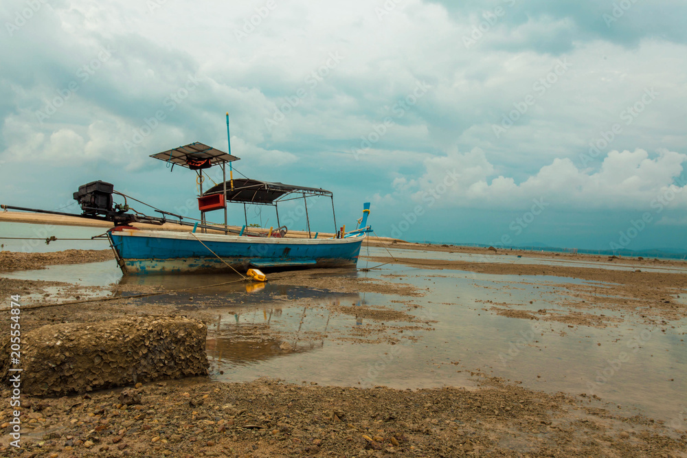 Obraz premium Local long-tail boat parked at the mangrove forest on low tide