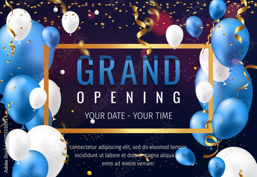 Grand opening invitation concept with blue white balloons. Celebration design. Gold glitter letters on abstract background with light effect and bokeh.