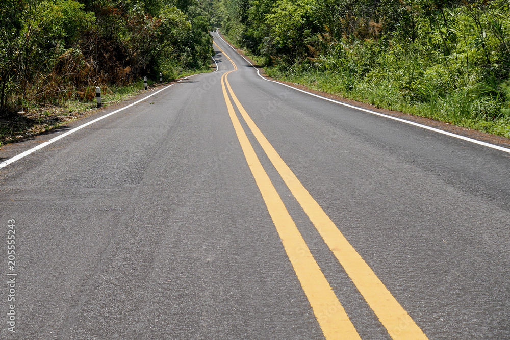 Beautiful asphalt road with vanishing point and double yellow line with no car and nobody Beautiful asphalt road with vanishing point and double yellow line with no car and nobody