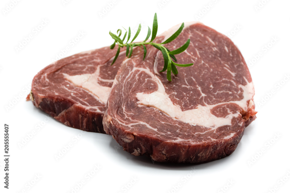 Rohes Rinderfilet Rindersteak entrecôte, entrecote Rindfleisch isoliert freigestellt auf weißen Hintergrund, Freisteller Rohes Rinderfilet Rindersteak entrecôte, entrecote Rindfleisch isoliert freigestellt auf weißen Hintergrund, Freisteller