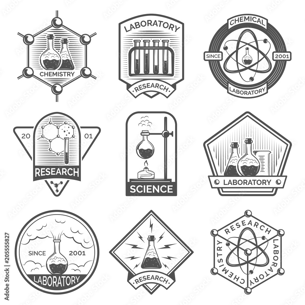 Set of monochrome laboratory research elements with flasks, tubes and molecular structure labels, logos, badges, emblems