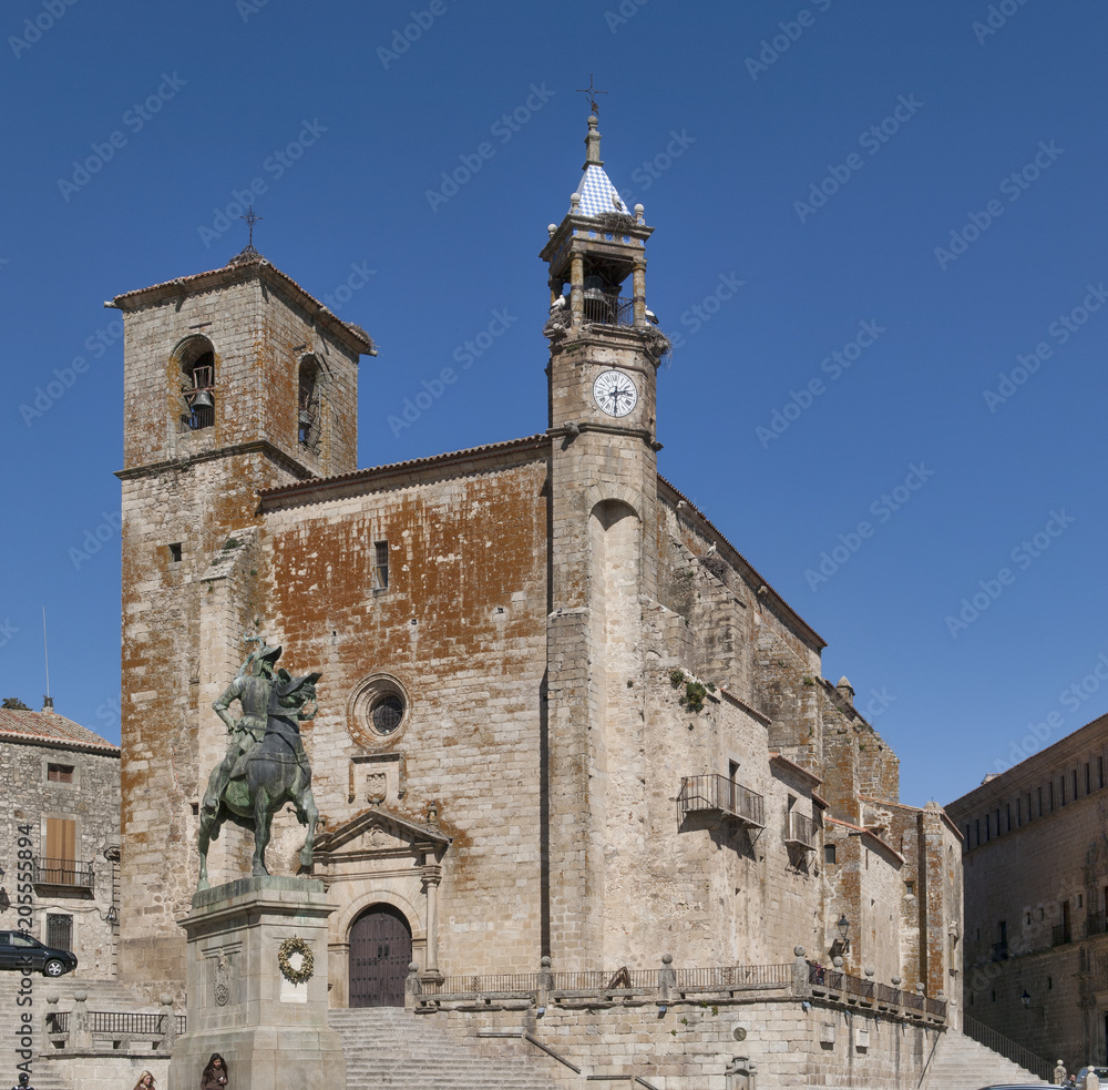 Iglesia de San Martin in Trujillo Caceres, Spain, with the statue of Francisco Pizarro in front