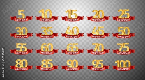 Set of anniversary isolated numbers on transparent background. 5, 10, 15, 20, 25, 30,35, 40, 45, 50, 55, 60, 65, 70, 75, 80, 85, 90, 95, 100 golden years with red ribbons jubilee template