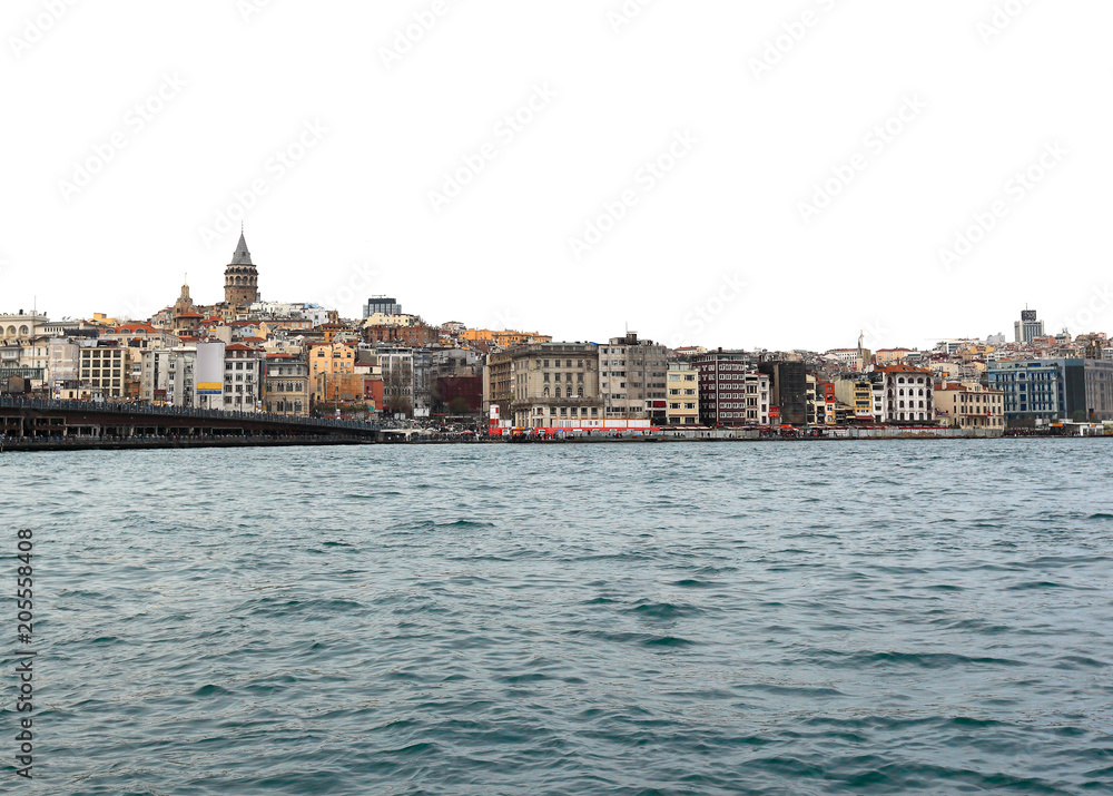 Istanbul Skyline on a white background with Galata tower and bridge 