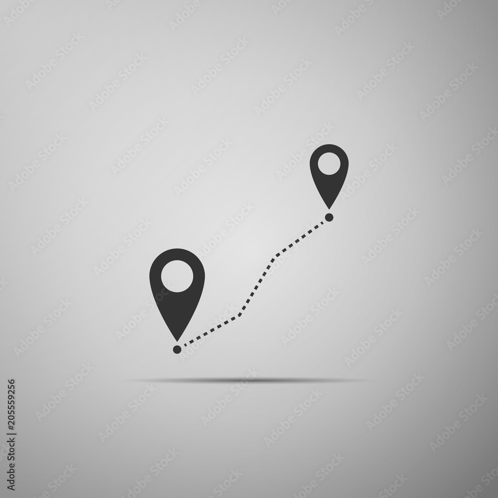 Route location icon isolated on grey background. Map pointer sign. Concept of path or road. GPS navigator. Flat design. Vector Illustration Route location icon isolated on grey background. Map pointer sign. Concept of path or road. GPS navigator. Flat design. Vector Illustration