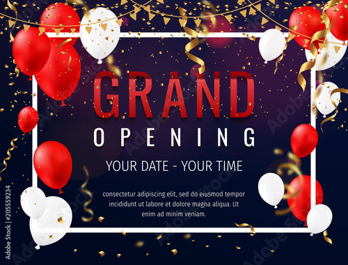 Grand opening invitation concept with red white balloons. Celebration design. Gold glitter letters on abstract background with light effect and bokeh.
