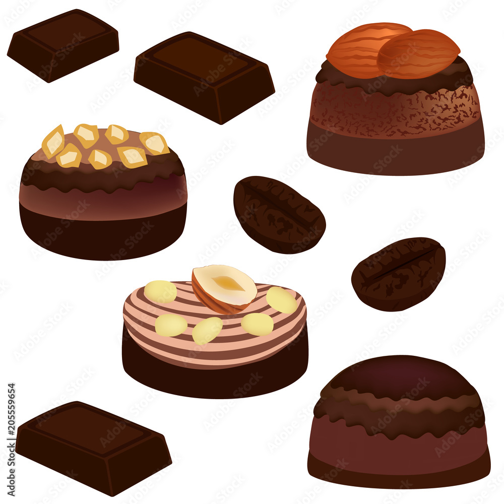 Chocolate and chocolate candies. Sweet candies isolated on white background. Vector illustration. Chocolate and chocolate candies. Sweet candies isolated on white background. Vector illustration.