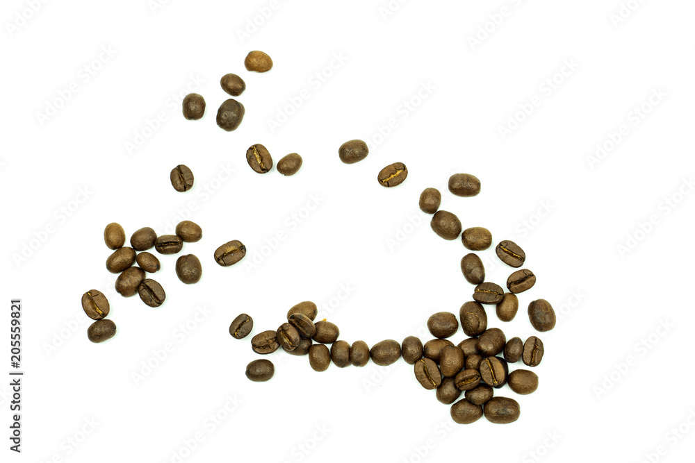 close up of medium or dark roasted coffee beans isolated on white background, can be used as a background or graphic object in your ads.