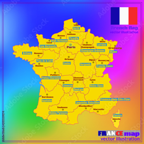 Map of France with French regions. Vector.