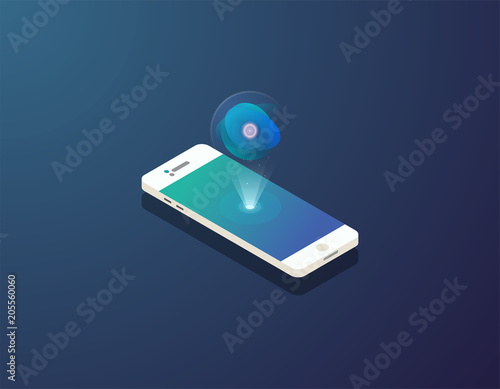 Artificial intelligence concept. Isometric mobile phone with futuristic AI hologram. Talking to robot in your mobile phone. Innovation in UI with augmented reality.
