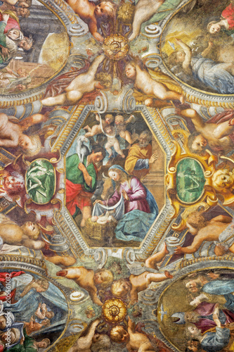 PARMA  ITALY - APRIL 17  2018  The fresco Nativity on the cieling of church Chiesa di Santa Maria degli Angeli by Pier Antonio Bernabei  1620 .