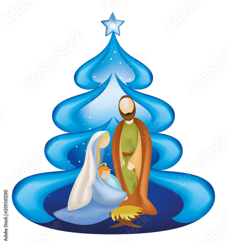Isolated Christmas tree nativity scene with holy family Joseph Jesus Mary on blue background