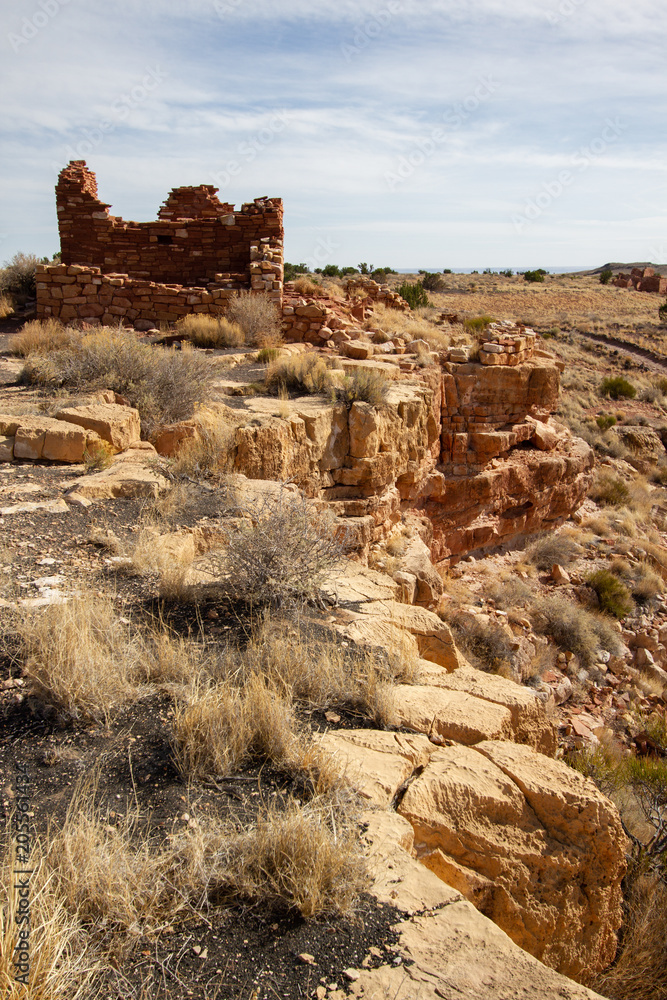 The ruins of ancient Anasazi Lomaki Pueblo are protected inside Wupatki National Monument near Flagstaff, Arizona